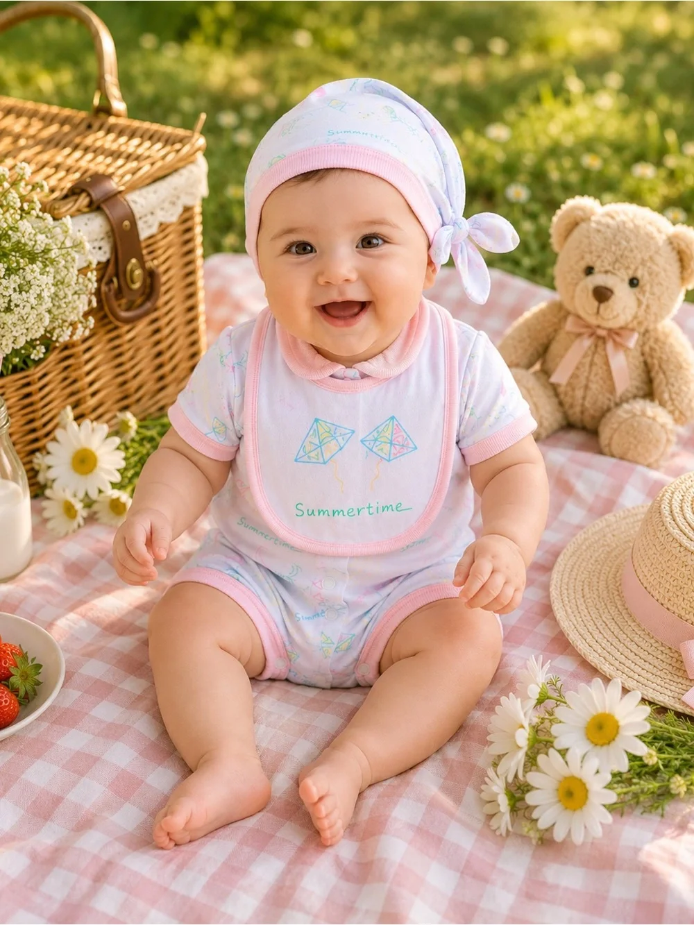 HAPPY KIDS Summer Beach Outfit 3 Pc Bubble Romper Bib Hat Baby Girl 6-9 Months